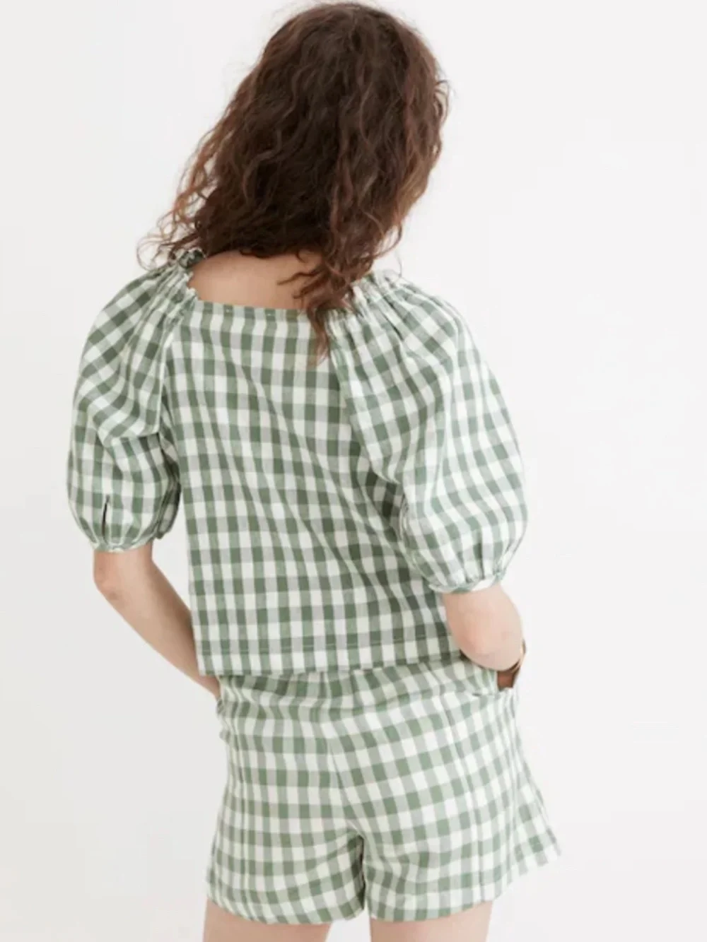 Linen-Cotton Square-Neck Button-Front Top in Gingham Check
